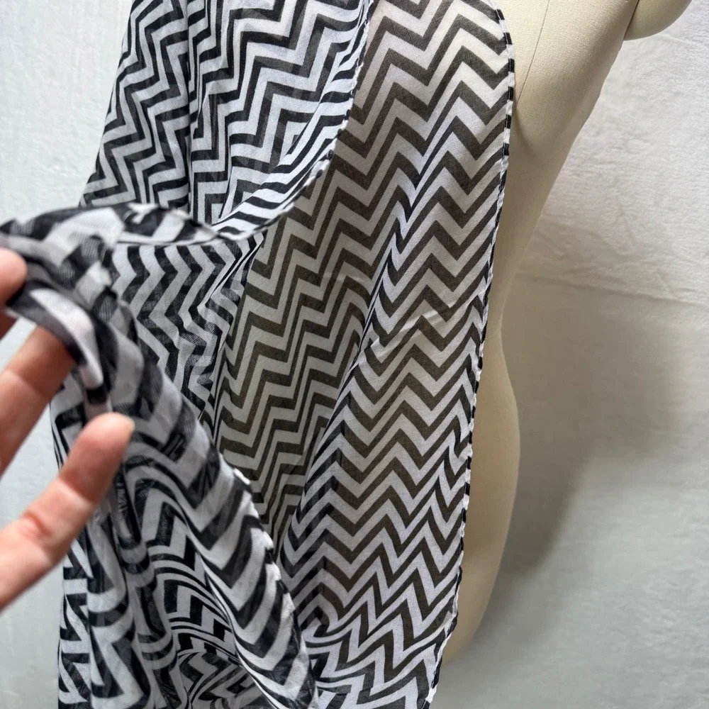 Black White Chevron Print Sheer Kimono Wrap Open Front Chiffon Shawl Coverup